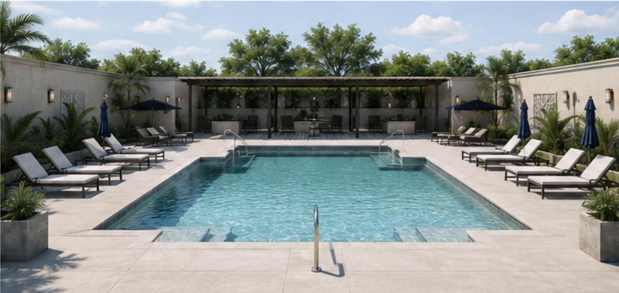 Casablanca resort-inspired pool courtyard
